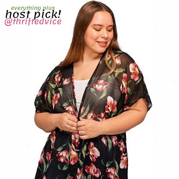 Plus Size Sheer Floral Beach Swim Kimono Cover-Up - Picture 2 of 7